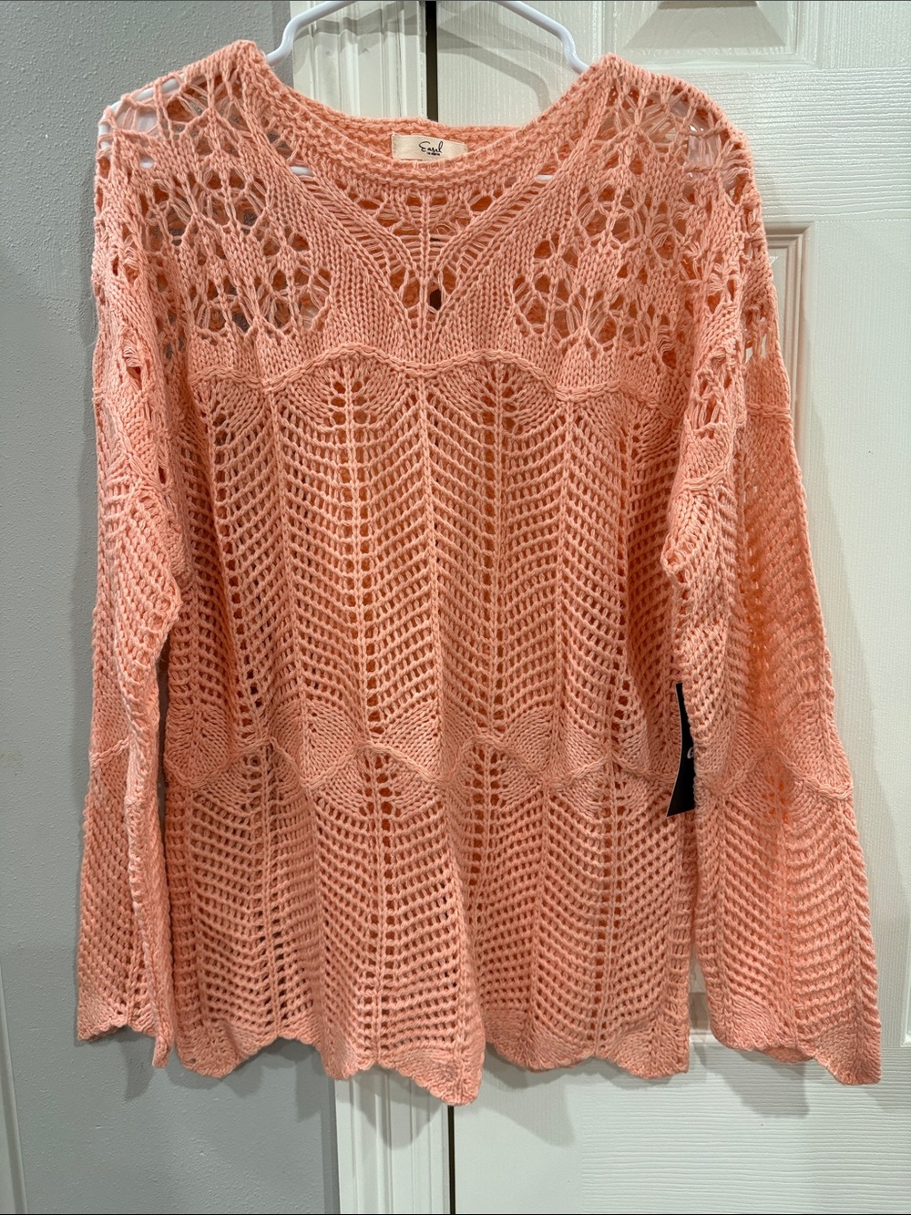 Easel Crochet Knit Long-Sleeve Sweater - Peach Sz S